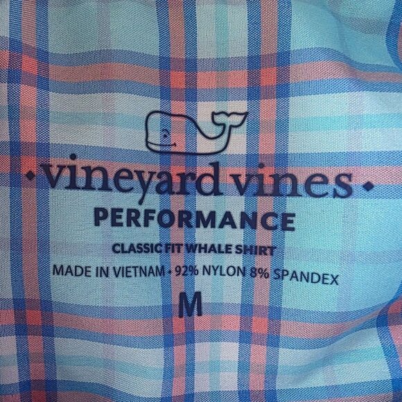 Vineyard Vines Mens Medium Shirt Performance Classic Fit Whale Plaid Blue Logo - Picture 4 of 6
